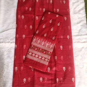 Red Kota Doria Suit With Embroidery Thread Work