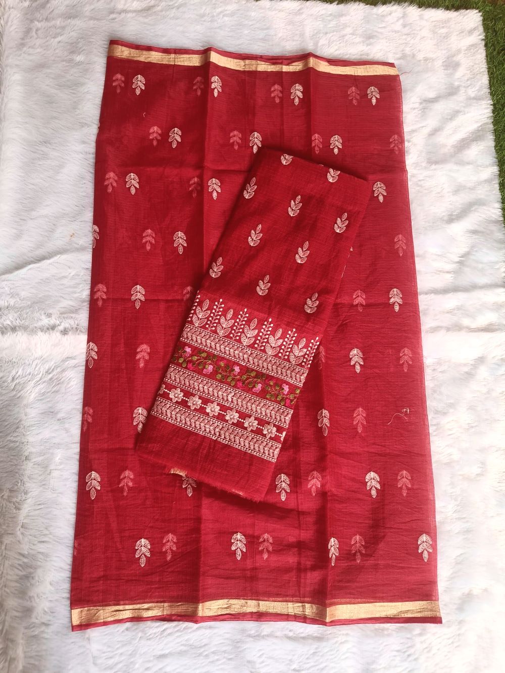 Red Kota Doria Suit With Embroidery Thread Work