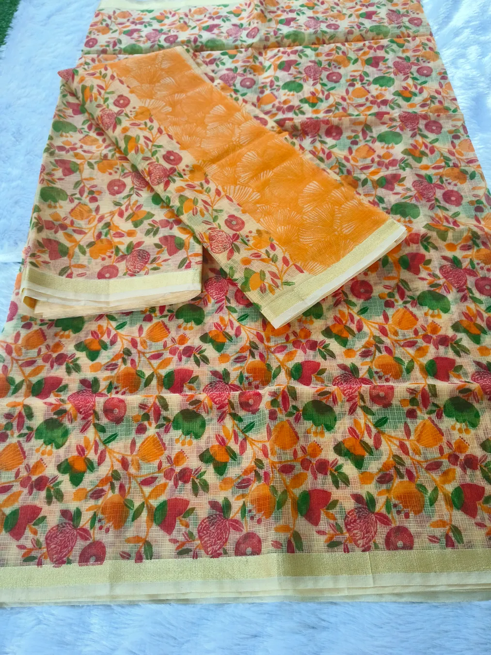 Yellow Floral print kota doria dress material