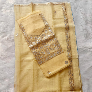 Yellow Kota Doria Suit Material With Gota Work