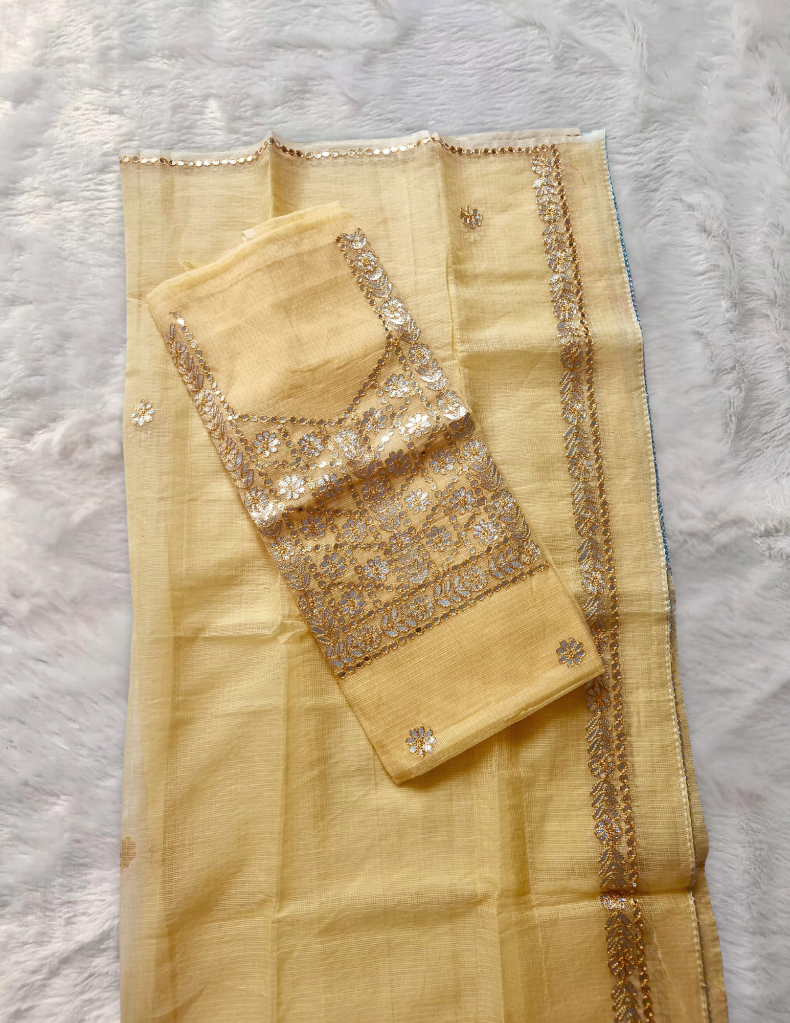 Yellow Kota Doria Suit Material With Gota Work