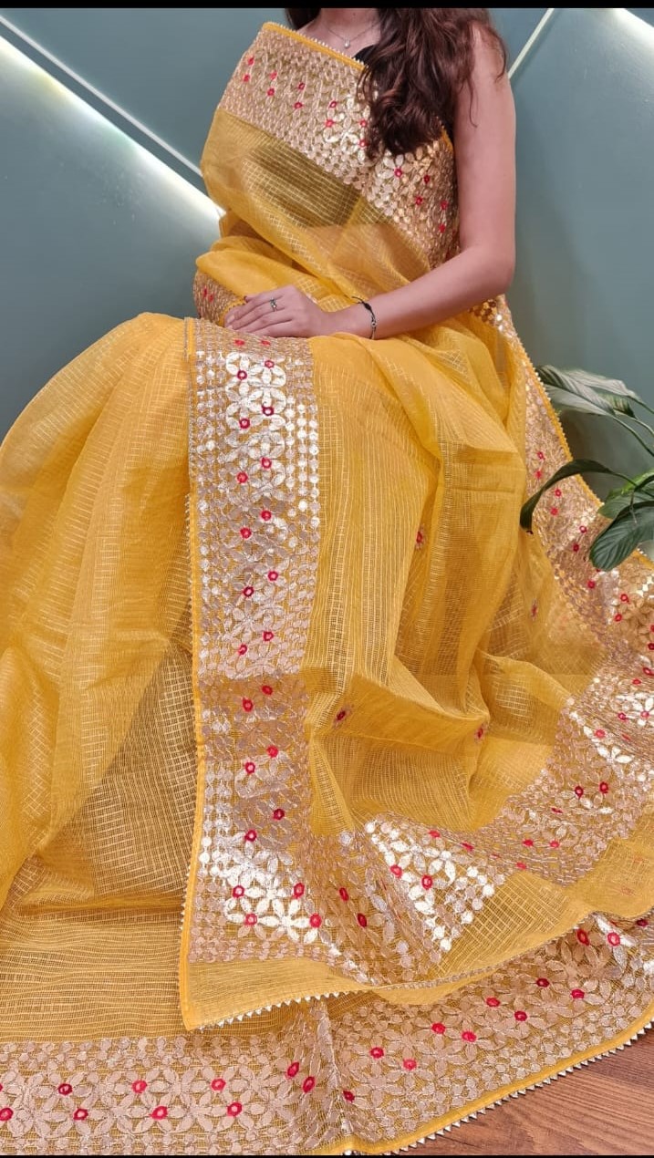 Yellow kota doria Saree with golden border