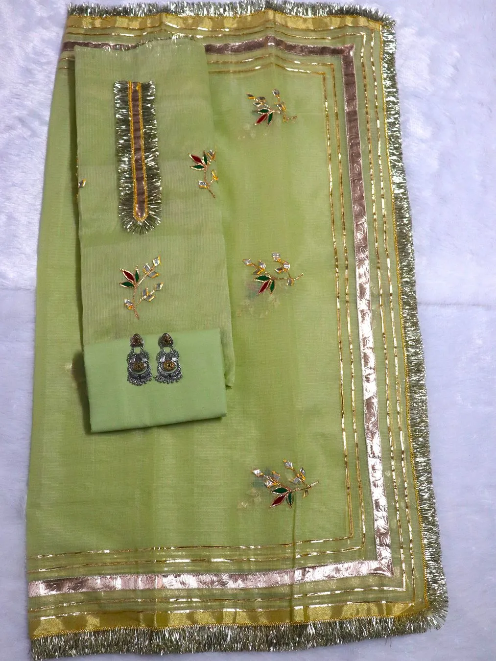Green Gota Patti Kota Doria 3 Pc Suit Set