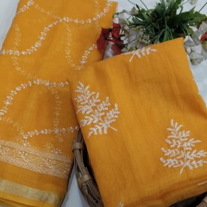 Pure Yellow Kota Doriya Suit Material With Thread Work