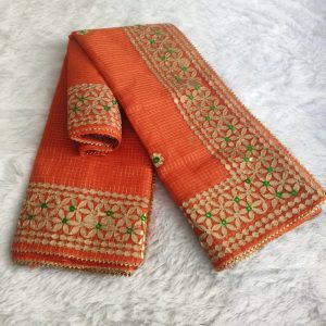 Orange Pure Zari Check Gota Work Sari